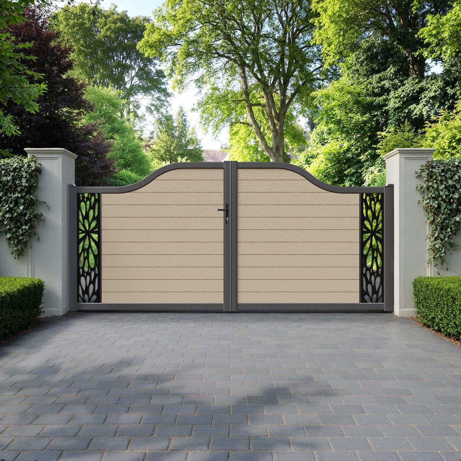 Fusion Blossom Curved Top Driveway Gate - Light Oak - End Screen