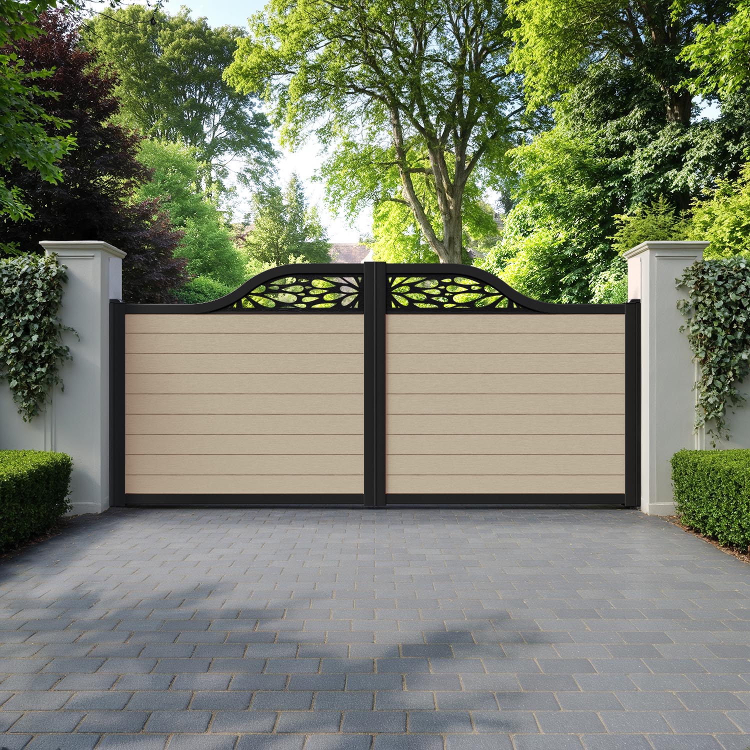 Fusion Blossom Curved Top Driveway Gate - Light Oak - Top Screen