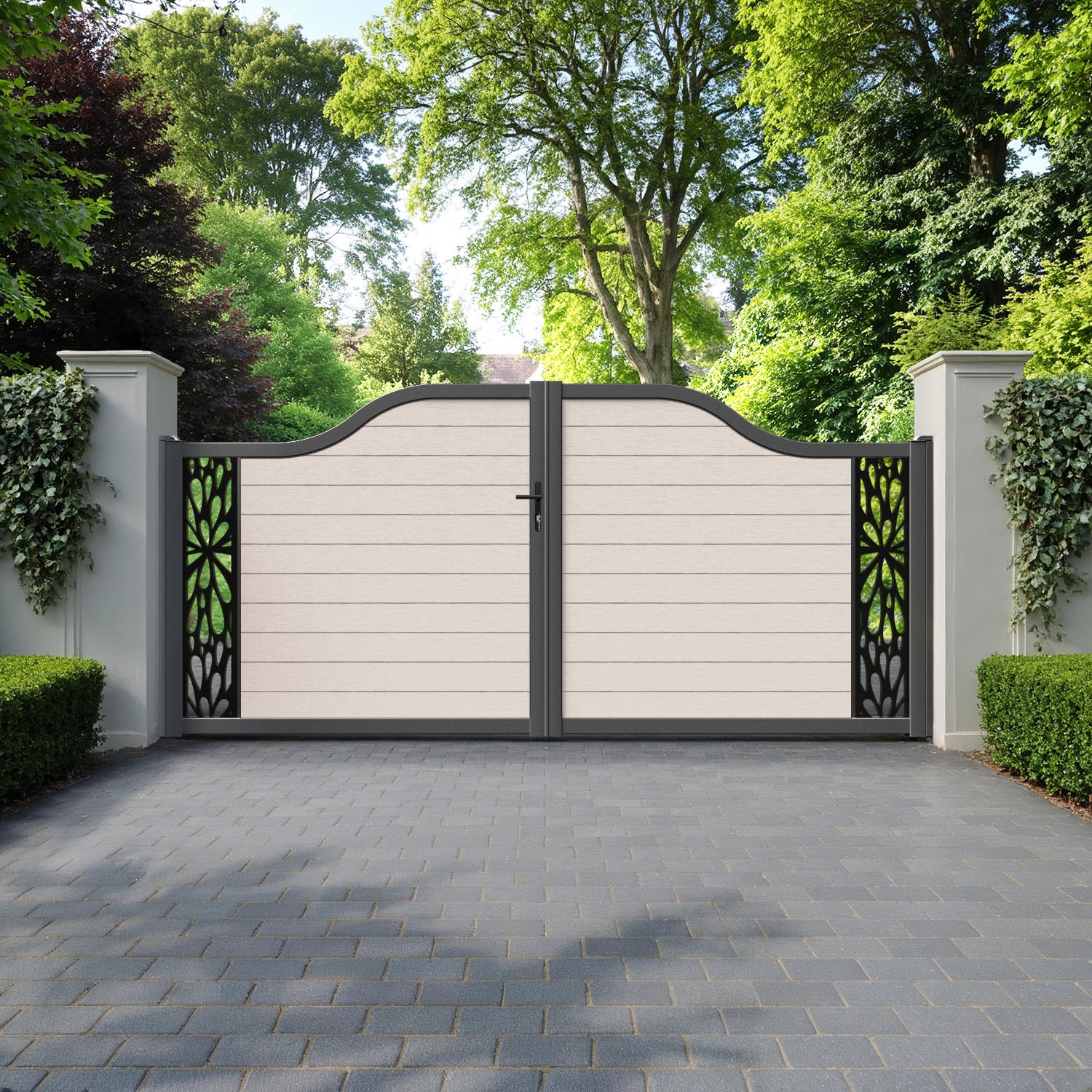 Fusion Blossom Curved Top Driveway Gate - Mid Stone - End Screen