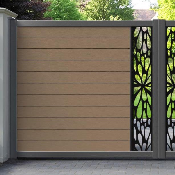 Fusion Blossom Straight Top Driveway Gate - Teak - Middle Screen