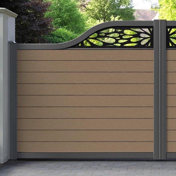 Fusion Blossom Curved Top Driveway Gate - Teak - Top Screen