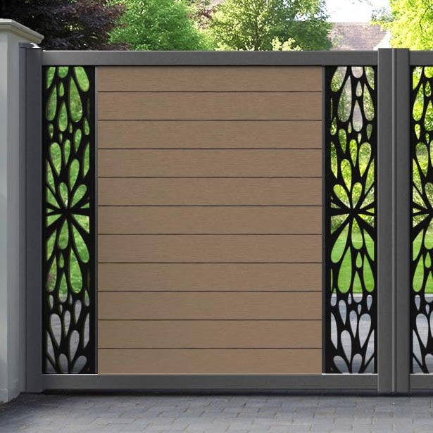Fusion Blossom Straight Top Driveway Gate - Teak - Middle & End Screen