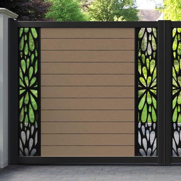 Fusion Blossom Straight Top Driveway Gate - Teak - Middle & End Screen