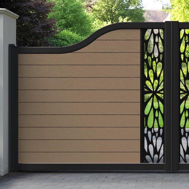 Fusion Blossom Curved Top Driveway Gate - Teak - Middle Screen
