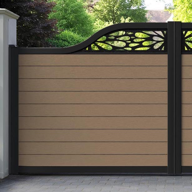 Fusion Blossom Curved Top Driveway Gate - Teak - Top Screen