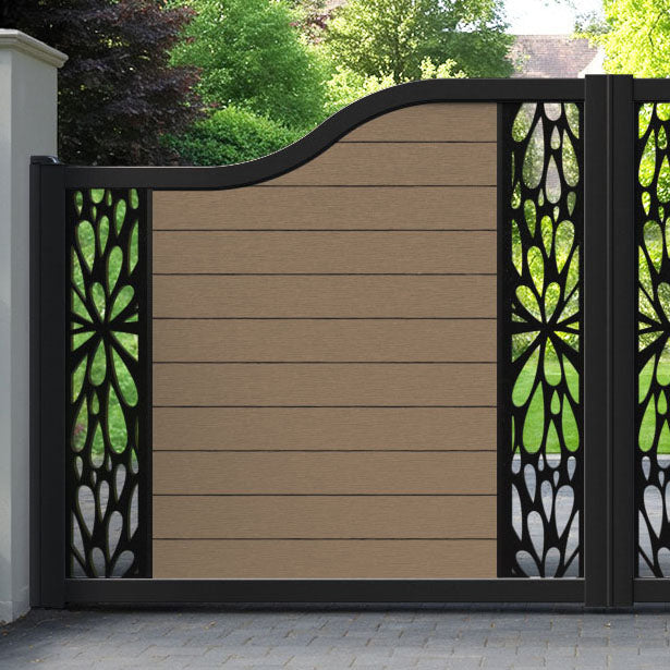Fusion Blossom Curved Top Driveway Gate - Teak - Middle & End Screen