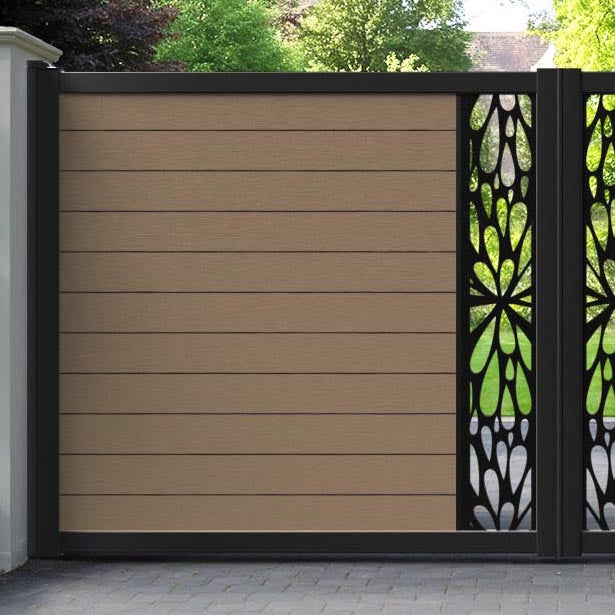 Fusion Blossom Straight Top Driveway Gate - Teak - Middle Screen