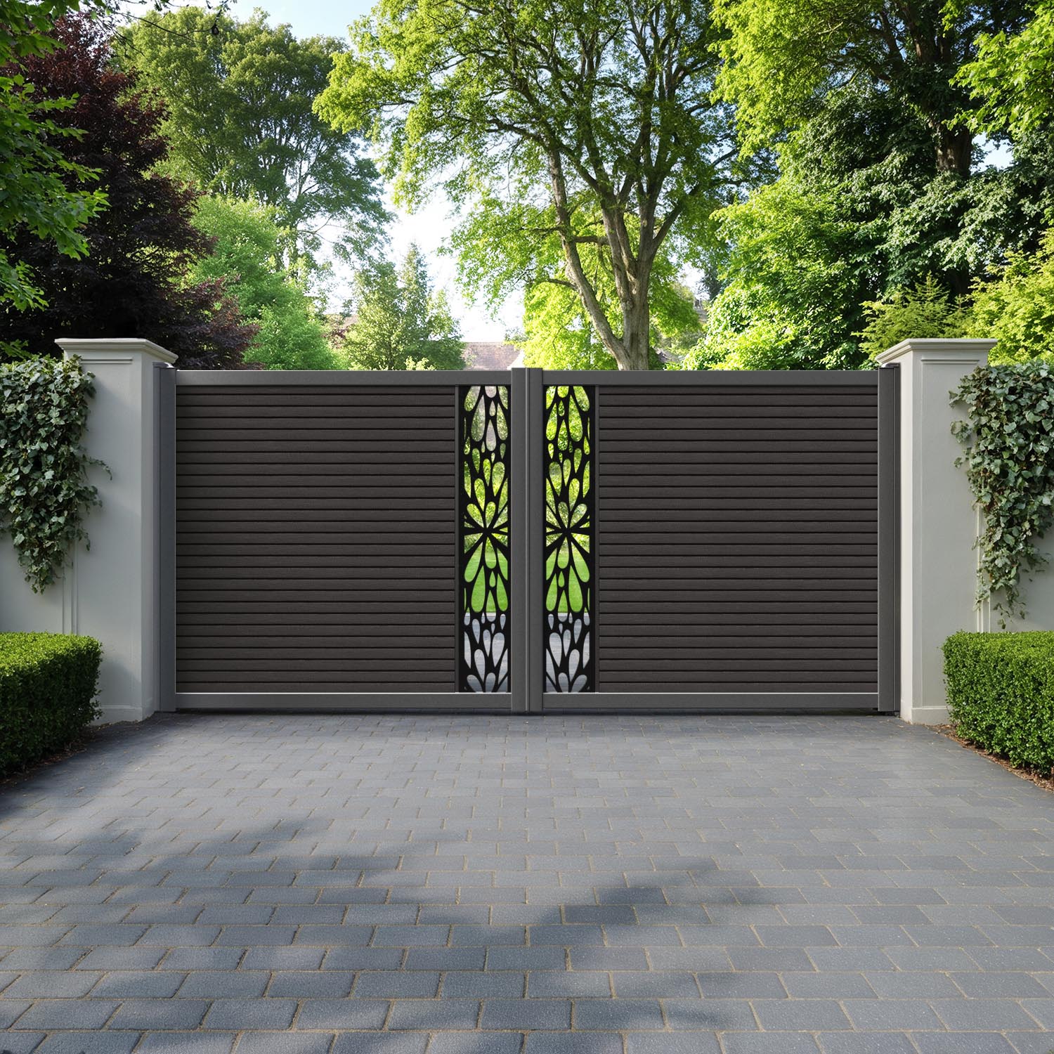 Hudson Blossom Straight Top Driveway Gate - Dark Oak - Middle Screen