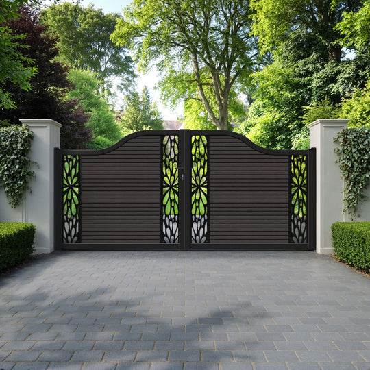 Hudson Blossom Curved Top Driveway Gate - Dark Oak - Middle & End Screen