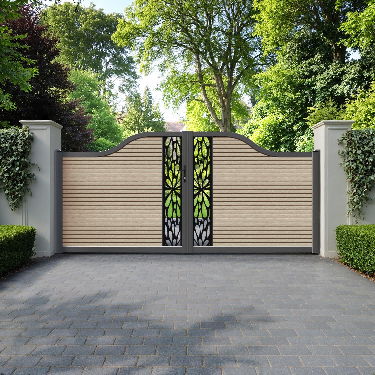 Hudson Blossom Curved Top Driveway Gate - Light Oak - Middle Screen