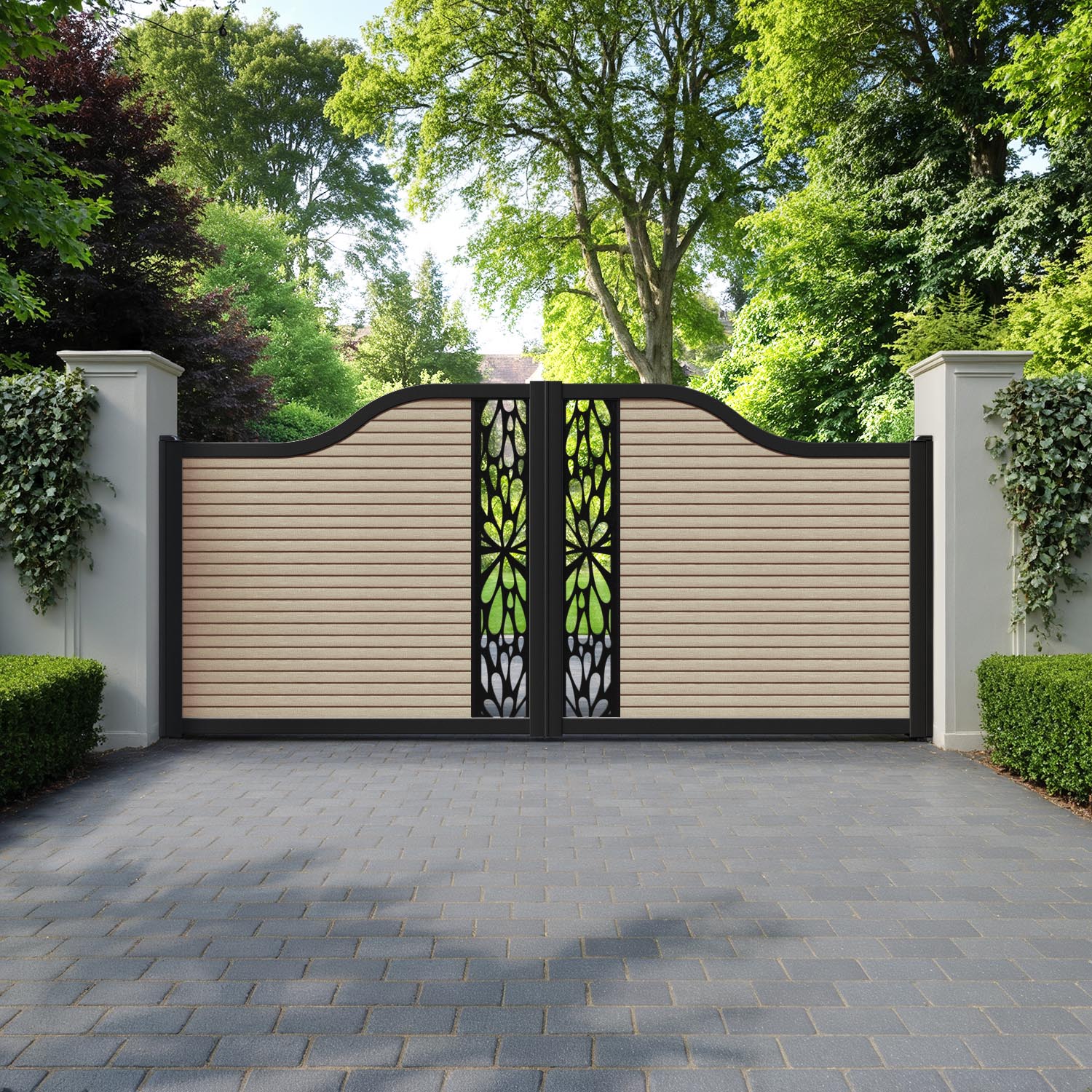 Hudson Blossom Curved Top Driveway Gate - Light Oak - Middle Screen