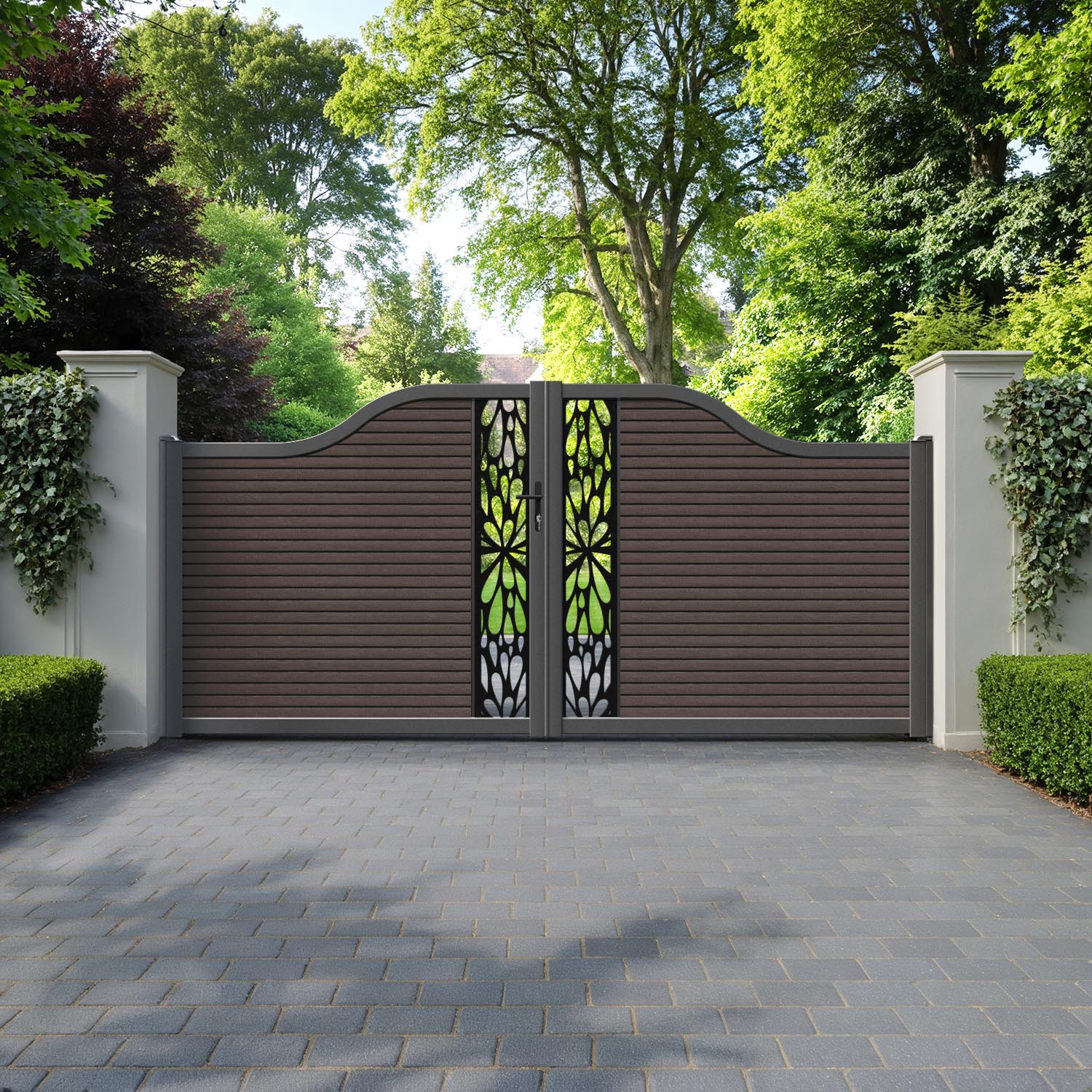 Hudson Blossom Curved Top Driveway Gate - Mid Brown - Middle Screen