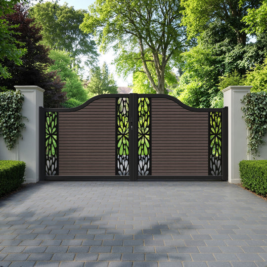 Hudson Blossom Curved Top Driveway Gate - Mid Brown - Middle & End Screen