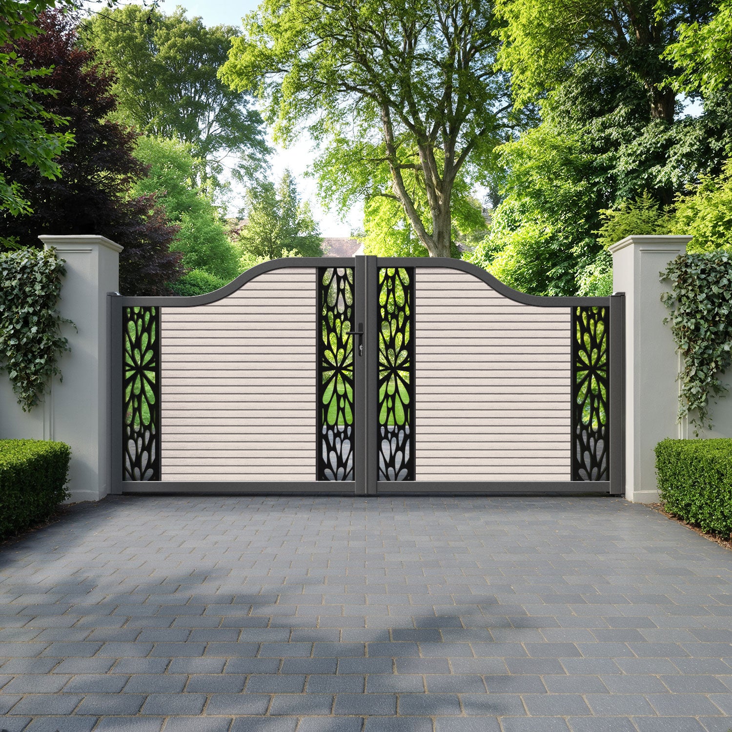 Hudson Blossom Curved Top Driveway Gate - Mid Stone - Middle & End Screen