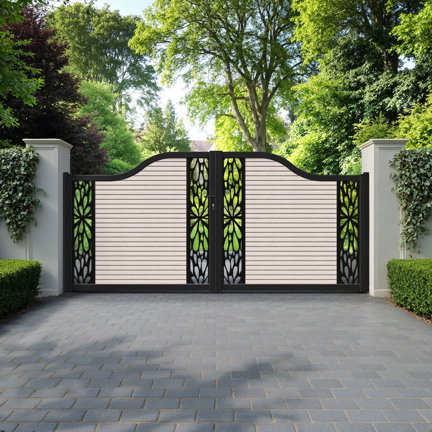 Hudson Blossom Curved Top Driveway Gate - Mid Stone - Middle & End Screen