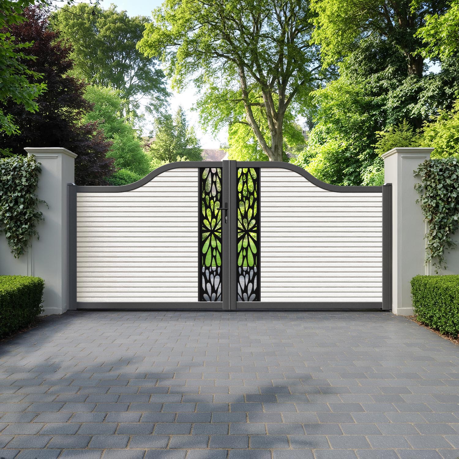 Hudson Blossom Curved Top Driveway Gate - Light Stone - Middle Screen