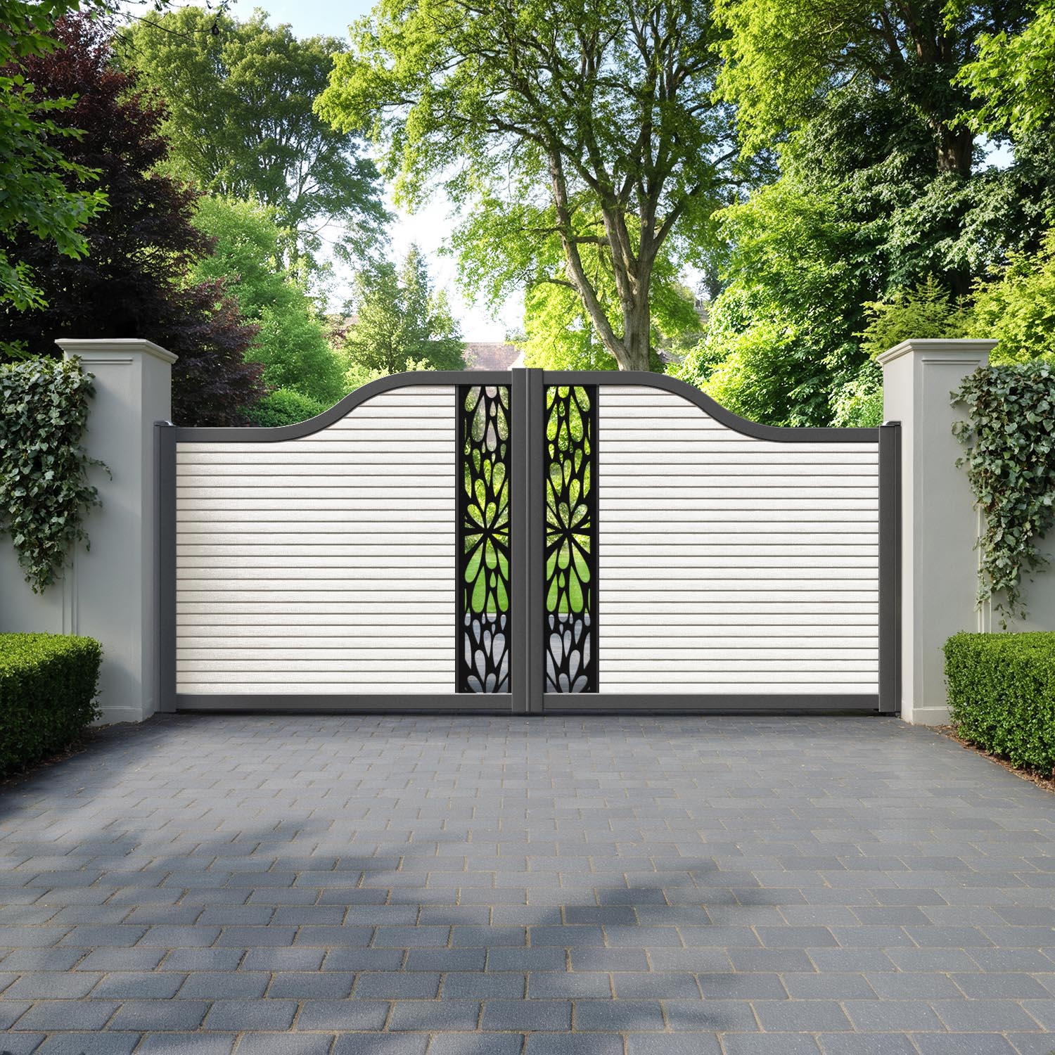 Hudson Blossom Curved Top Driveway Gate - Light Stone - Middle Screen