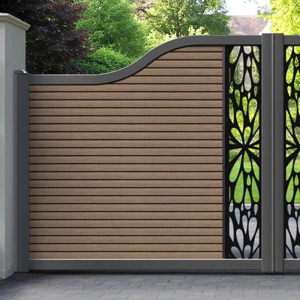 Hudson Blossom Curved Top Driveway Gate - Teak - Middle Screen