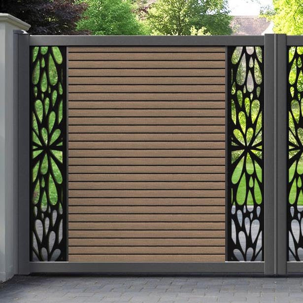 Hudson Blossom Straight Top Driveway Gate - Teak - Middle & End Screen
