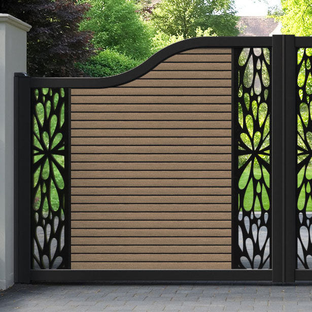 Hudson Blossom Curved Top Driveway Gate - Teak - Middle & End Screen