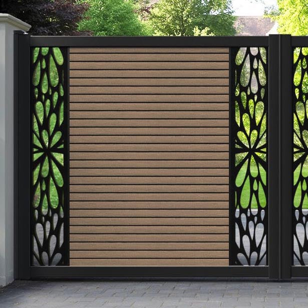Hudson Blossom Straight Top Driveway Gate - Teak - Middle & End Screen