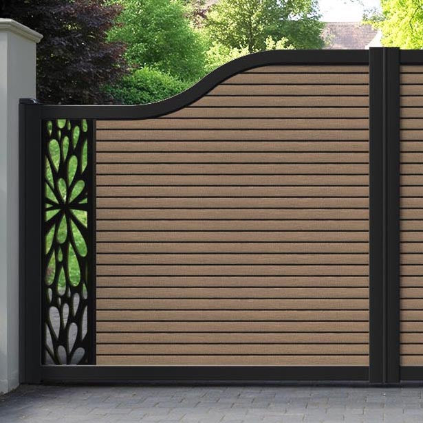 Hudson Blossom Curved Top Driveway Gate - Teak - End Screen