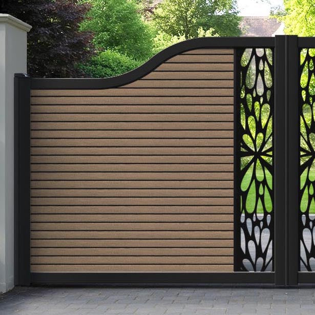 Hudson Blossom Curved Top Driveway Gate - Teak - Middle Screen