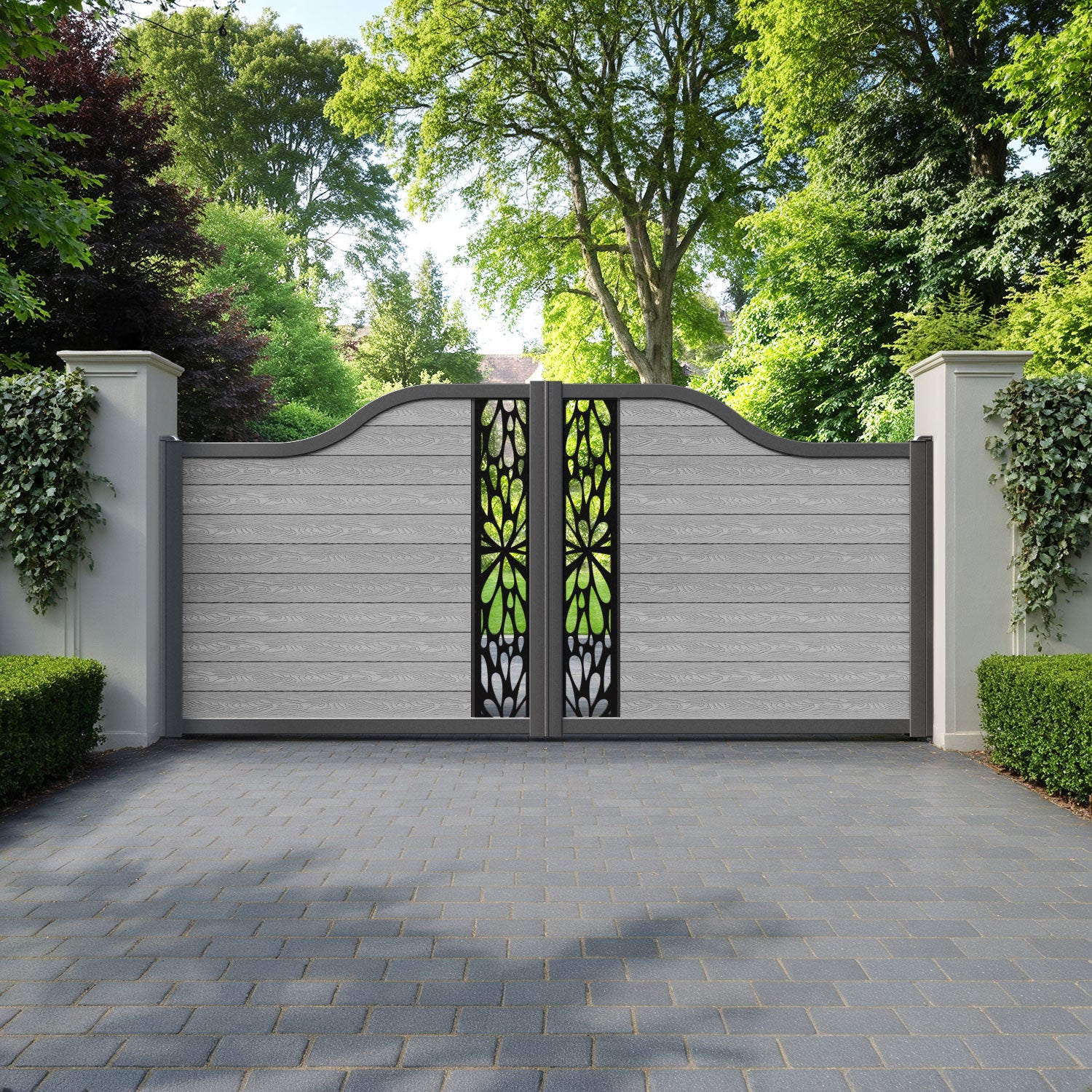 Classic Blossom Curved Top Driveway Gate - Light Grey - Middle Screen