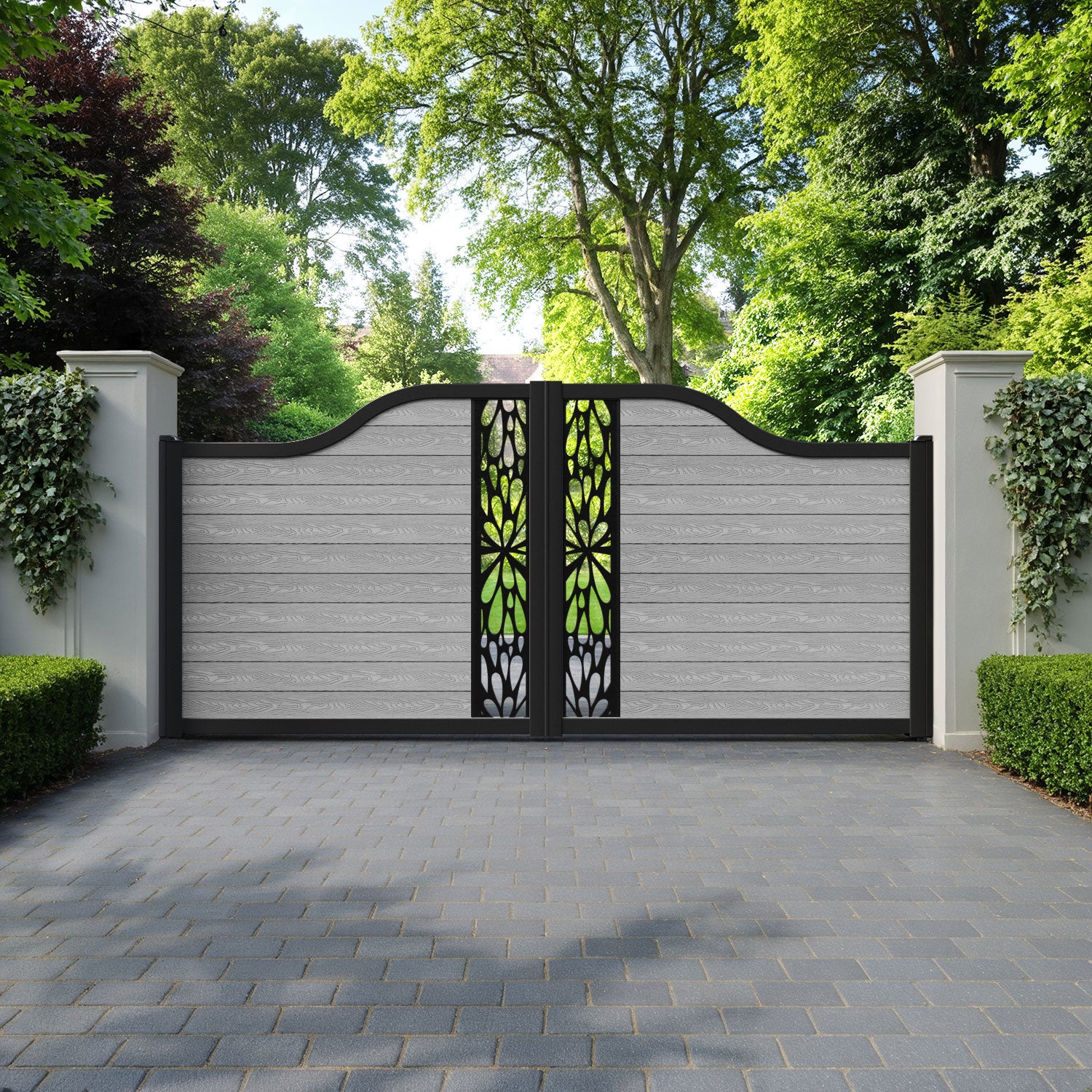 Classic Blossom Curved Top Driveway Gate - Light Grey - Middle Screen