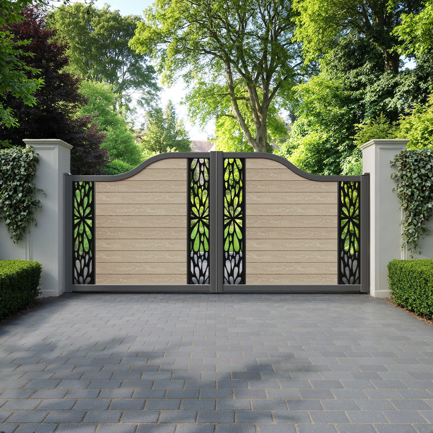 Classic Blossom Curved Top Driveway Gate - Light Oak - Middle & End Screen