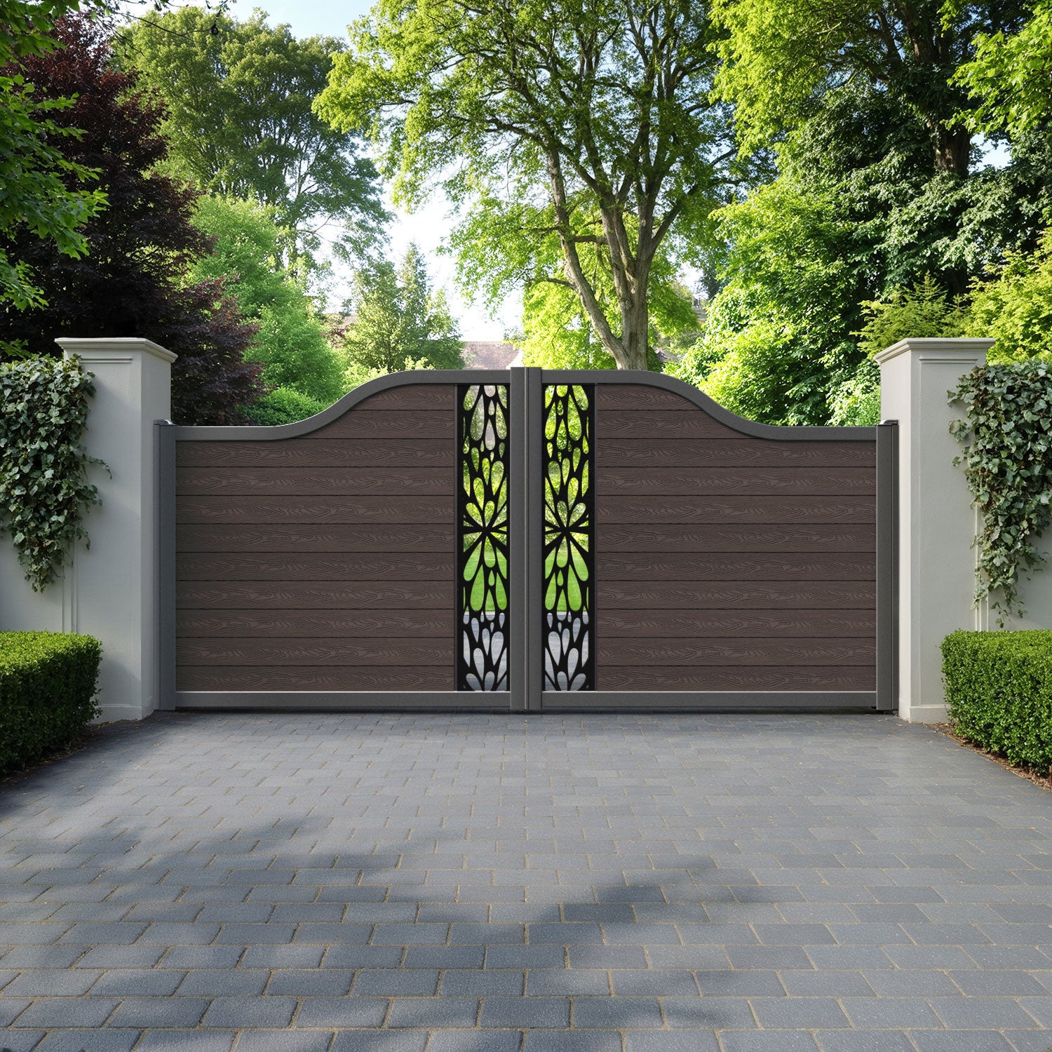 Classic Blossom Curved Top Driveway Gate - Mid Brown - Middle Screen