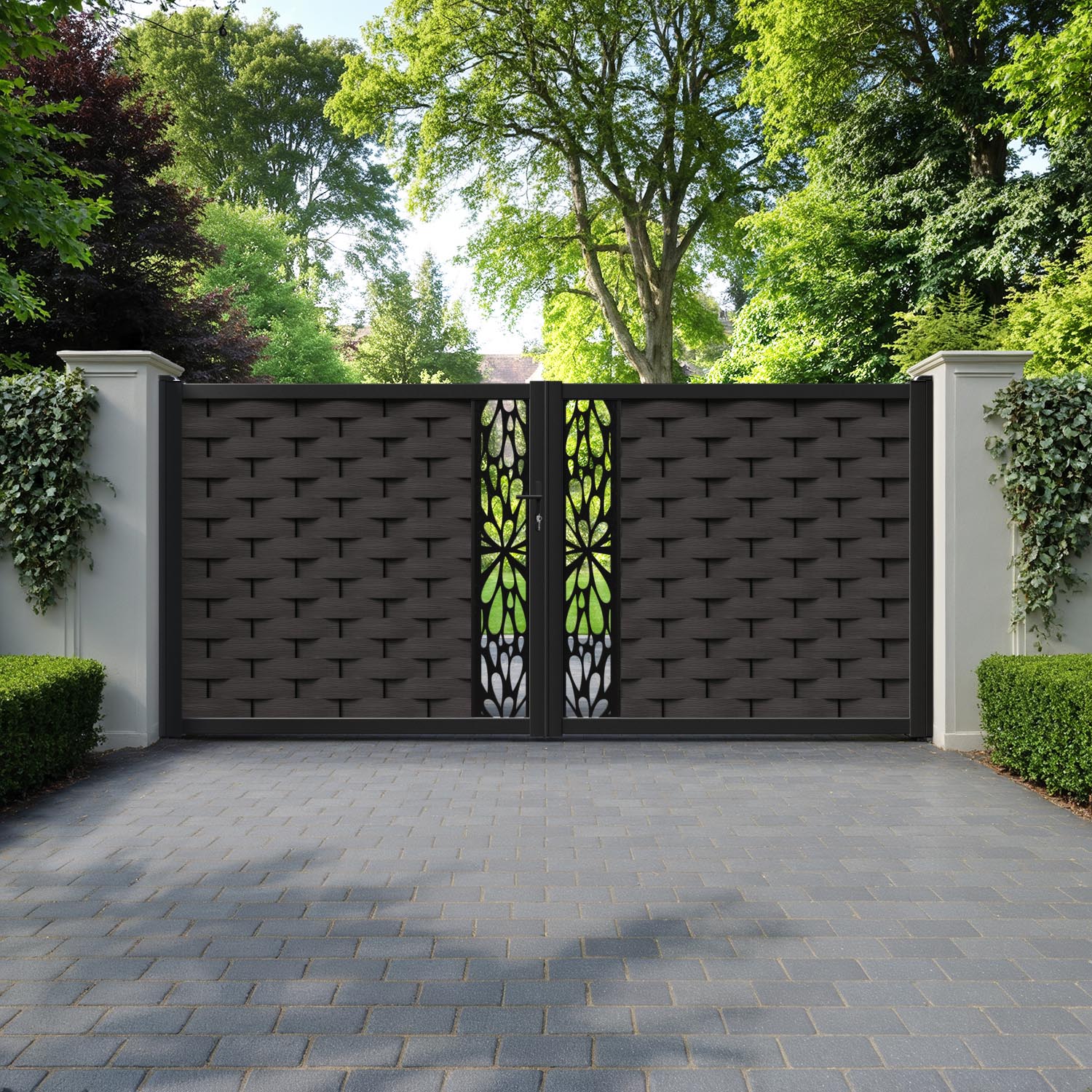 Ripple Blossom Straight Top Driveway Gate - Dark Oak - Middle Screen