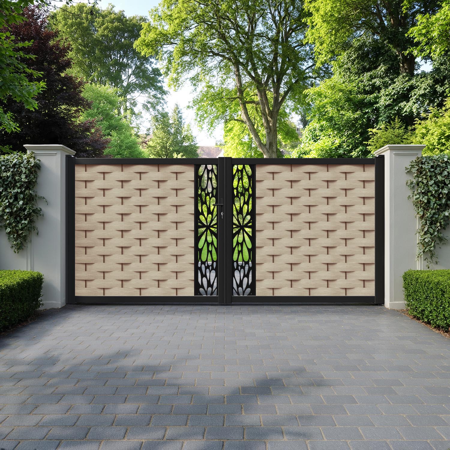 Ripple Blossom Straight Top Driveway Gate - Light Oak - Middle Screen