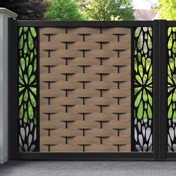 Ripple Blossom Straight Top Driveway Gate - Teak - Middle & End Screen