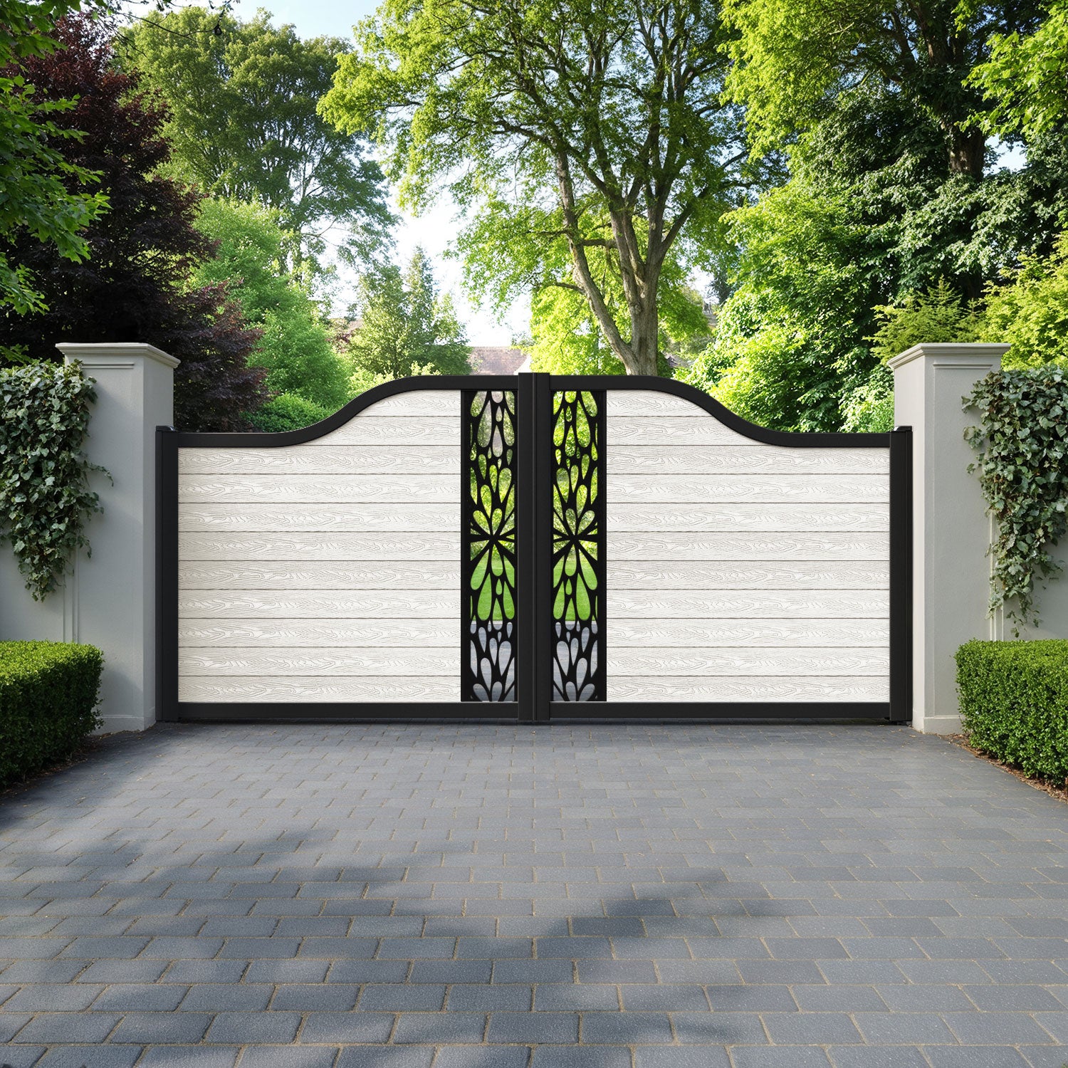 Classic Blossom Curved Top Driveway Gate - Light Stone - Middle Screen