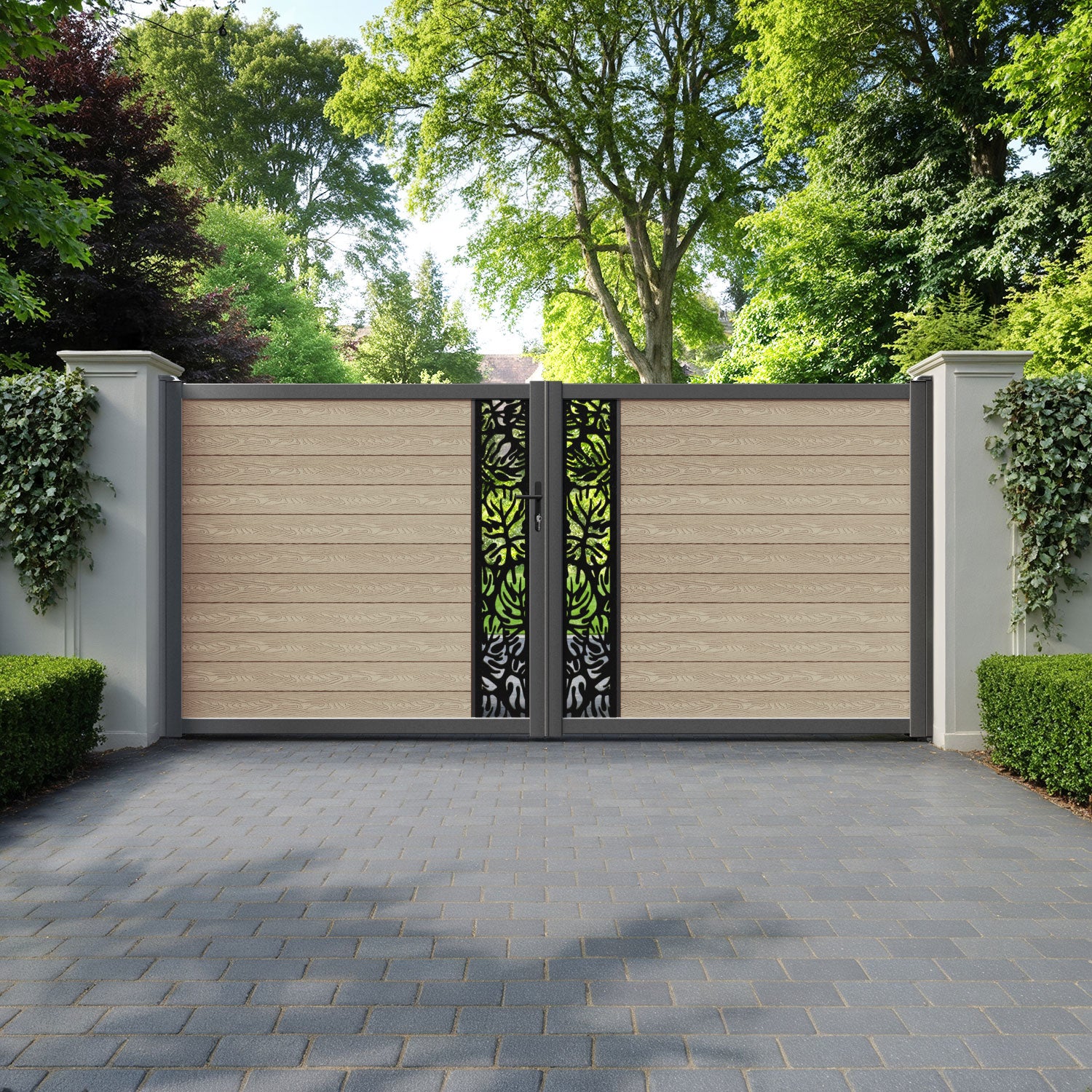 Classic Botanic Straight Top Driveway Gate - Light Oak - Middle Screen