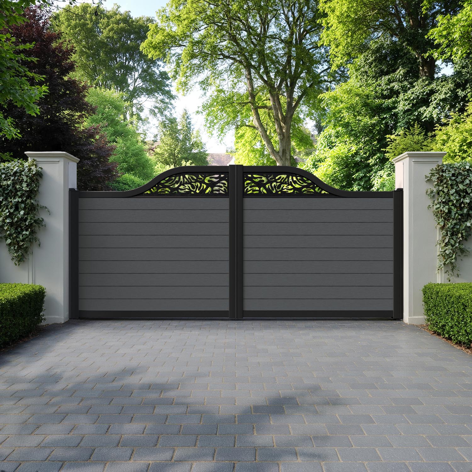 Fusion Botanic Curved Top Driveway Gate - Dark Grey - Top Screen