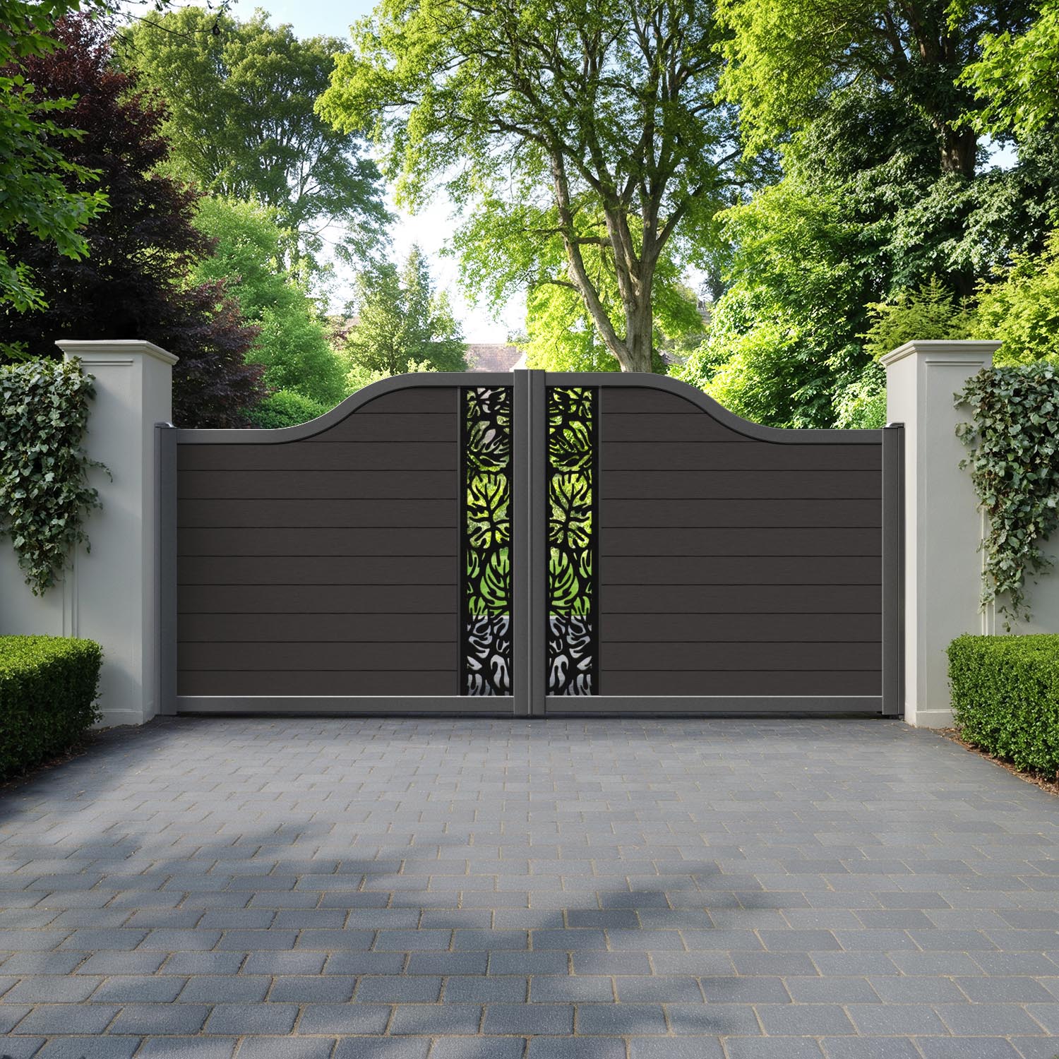 Fusion Botanic Curved Top Driveway Gate - Dark Oak - Middle Screen