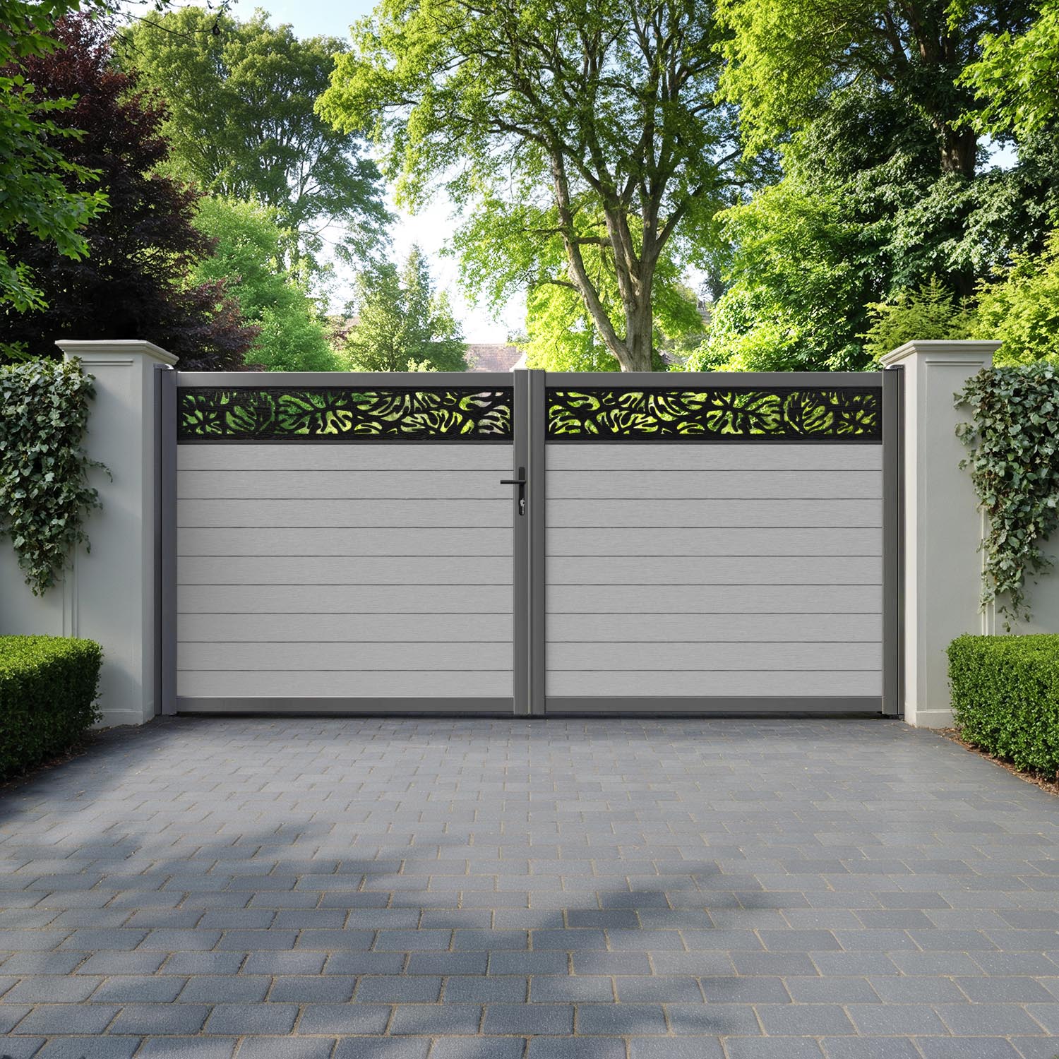 Fusion Botanic Straight Top Driveway Gate - Light Grey - Top Screen