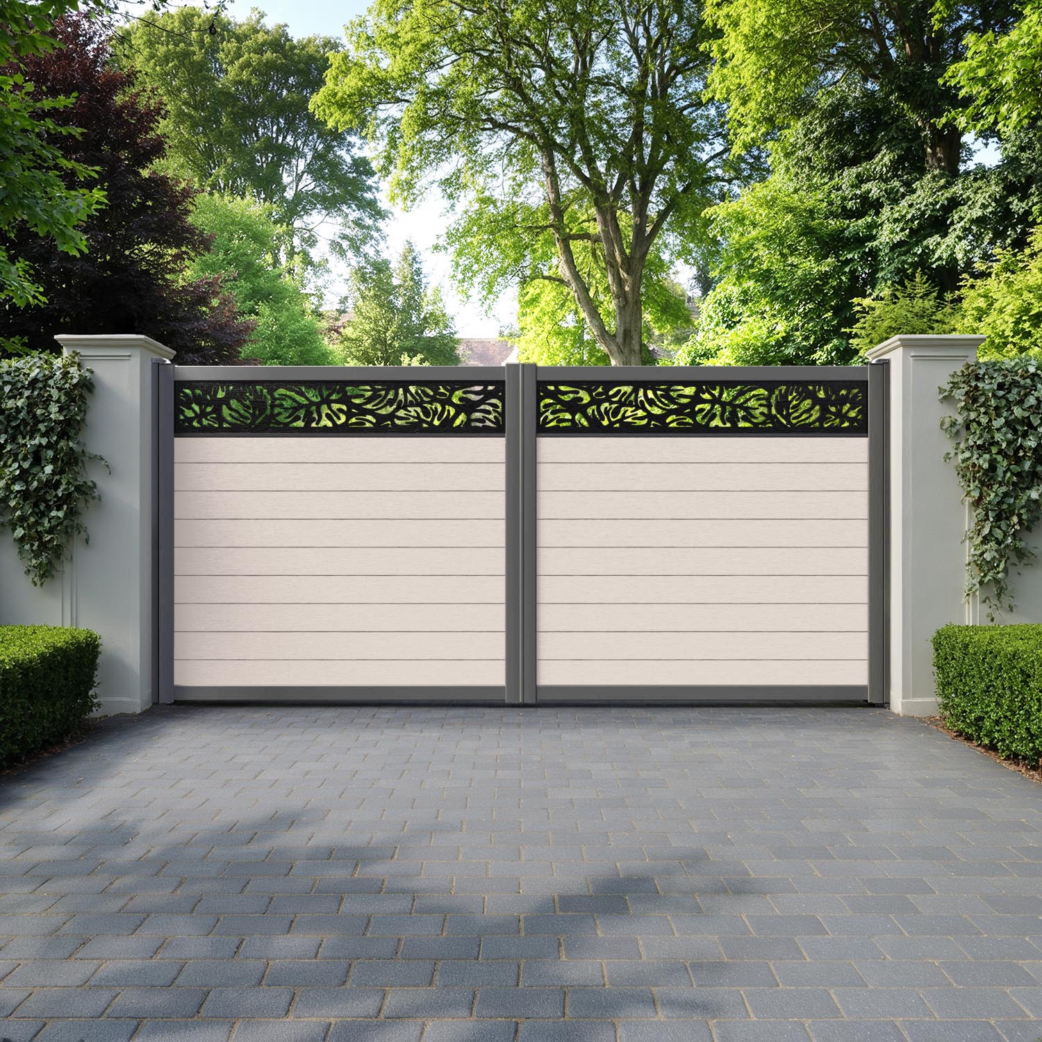 Fusion Botanic Straight Top Driveway Gate - Mid Stone - Top Screen