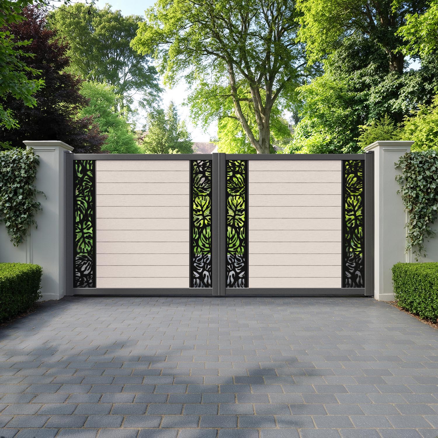 Fusion Botanic Straight Top Driveway Gate - Mid Stone - Middle & End Screen