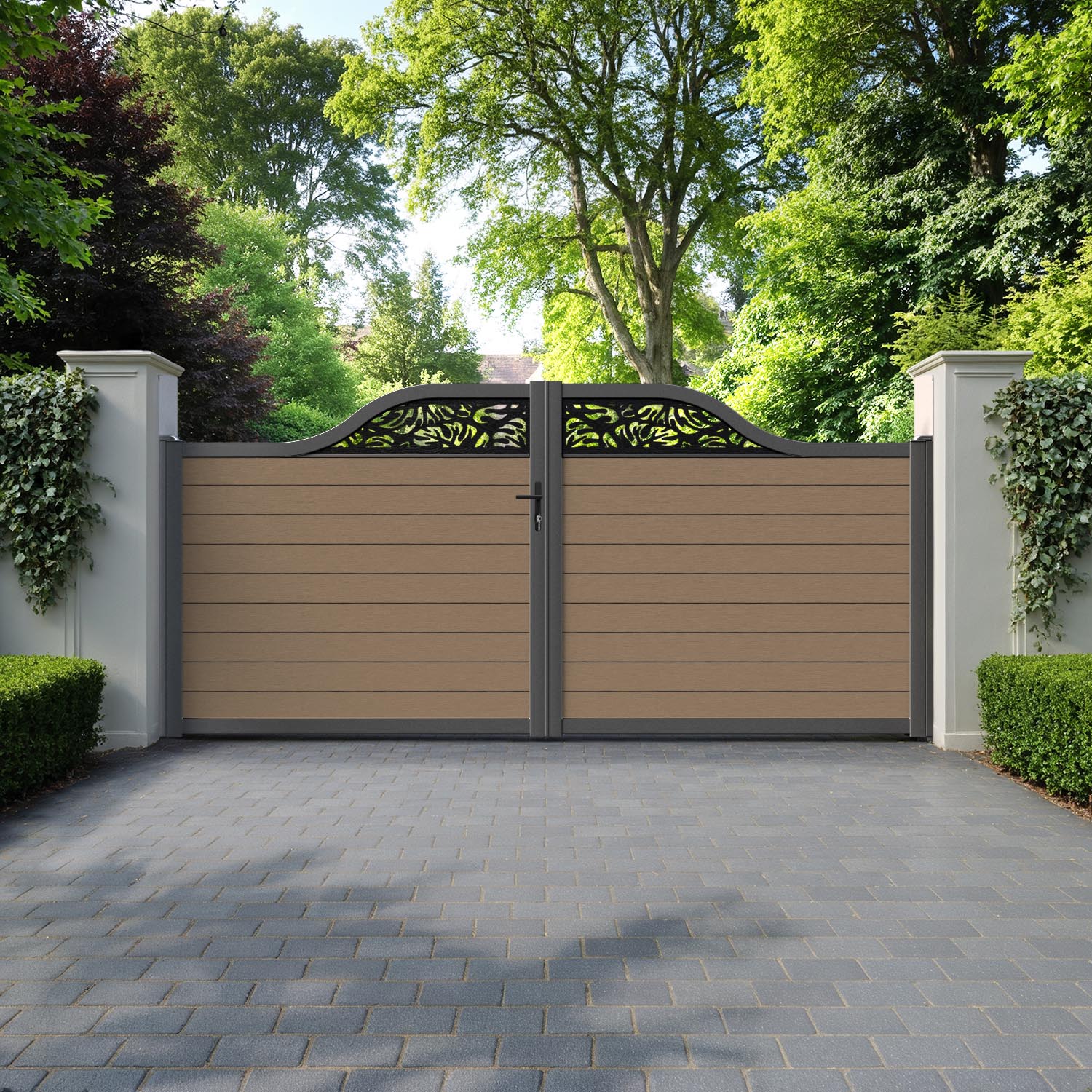 Fusion Botanic Curved Top Driveway Gate - Teak - Top Screen