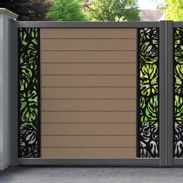 Fusion Botanic Straight Top Driveway Gate - Teak - Middle & End Screen
