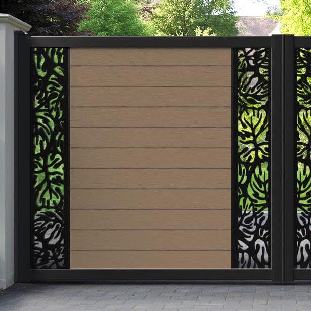 Fusion Botanic Straight Top Driveway Gate - Teak - Middle & End Screen