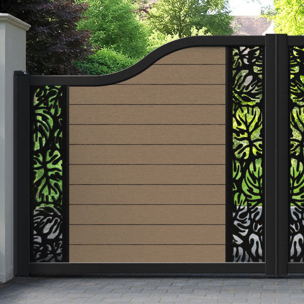 Fusion Botanic Curved Top Driveway Gate - Teak - Middle & End Screen