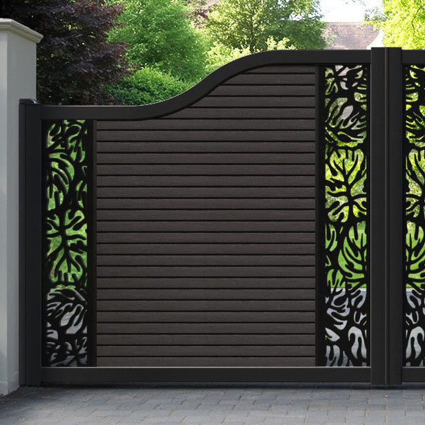 Hudson Botanic Curved Top Driveway Gate - Dark Oak - Middle & End Screen