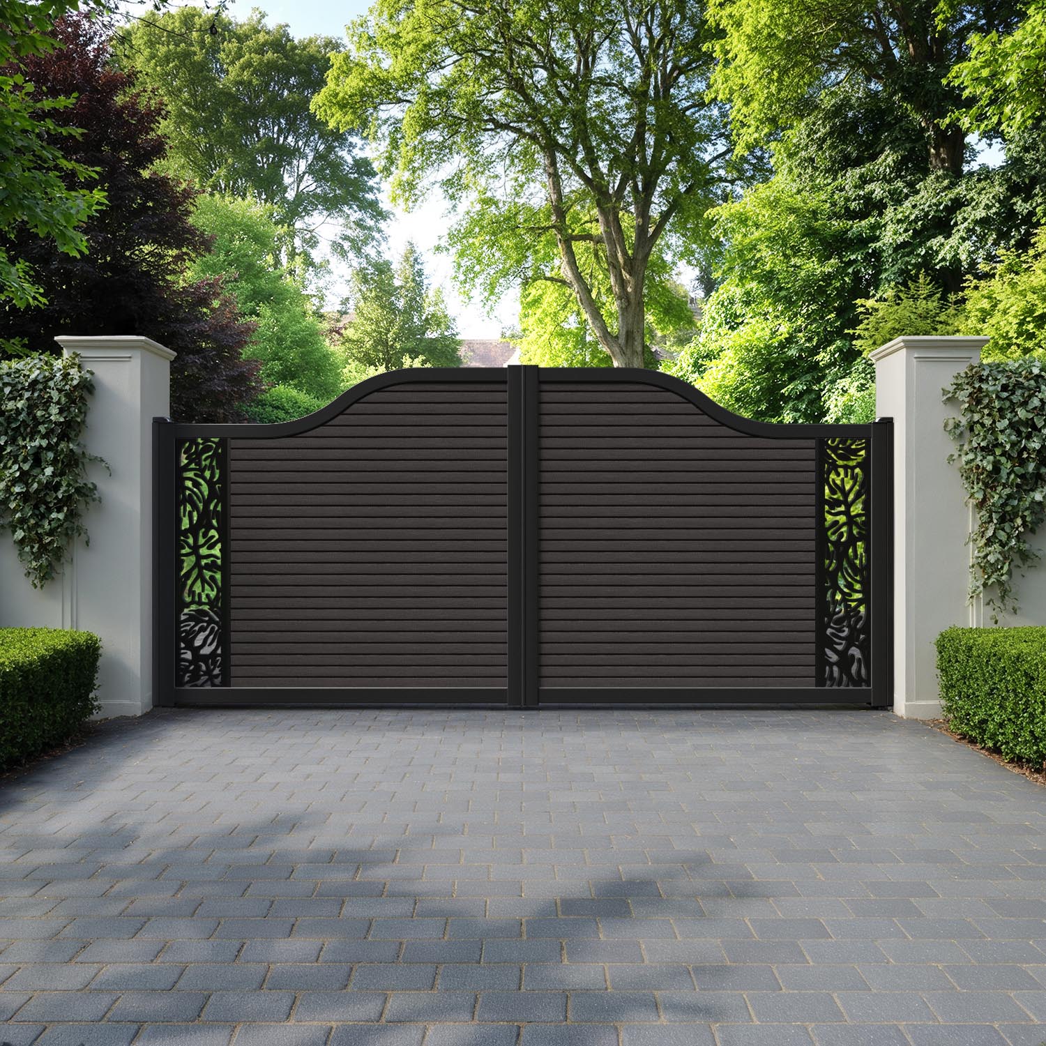 Hudson Botanic Curved Top Driveway Gate - Dark Oak - End Screen