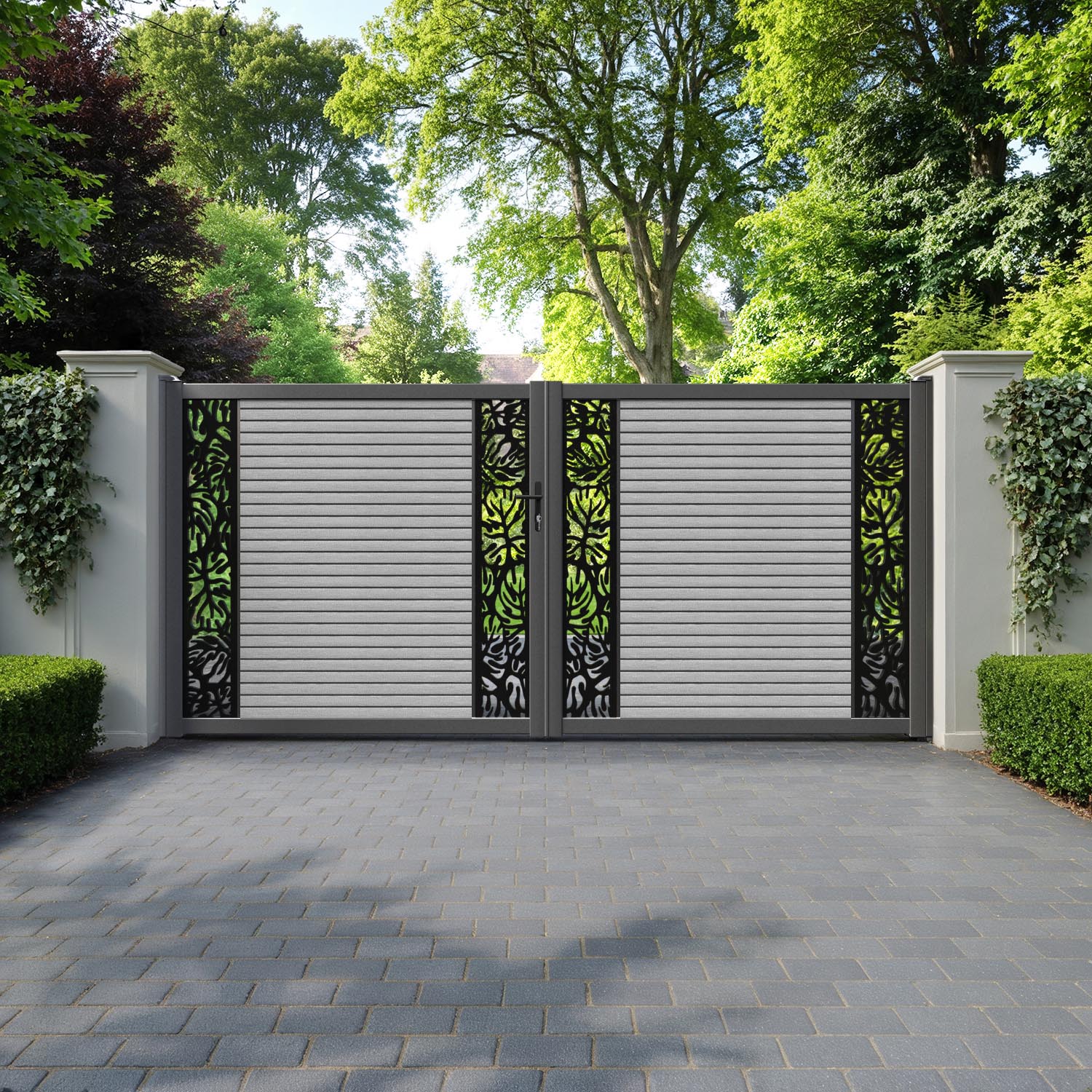 Hudson Botanic Straight Top Driveway Gate - Light Grey - Middle & End Screen