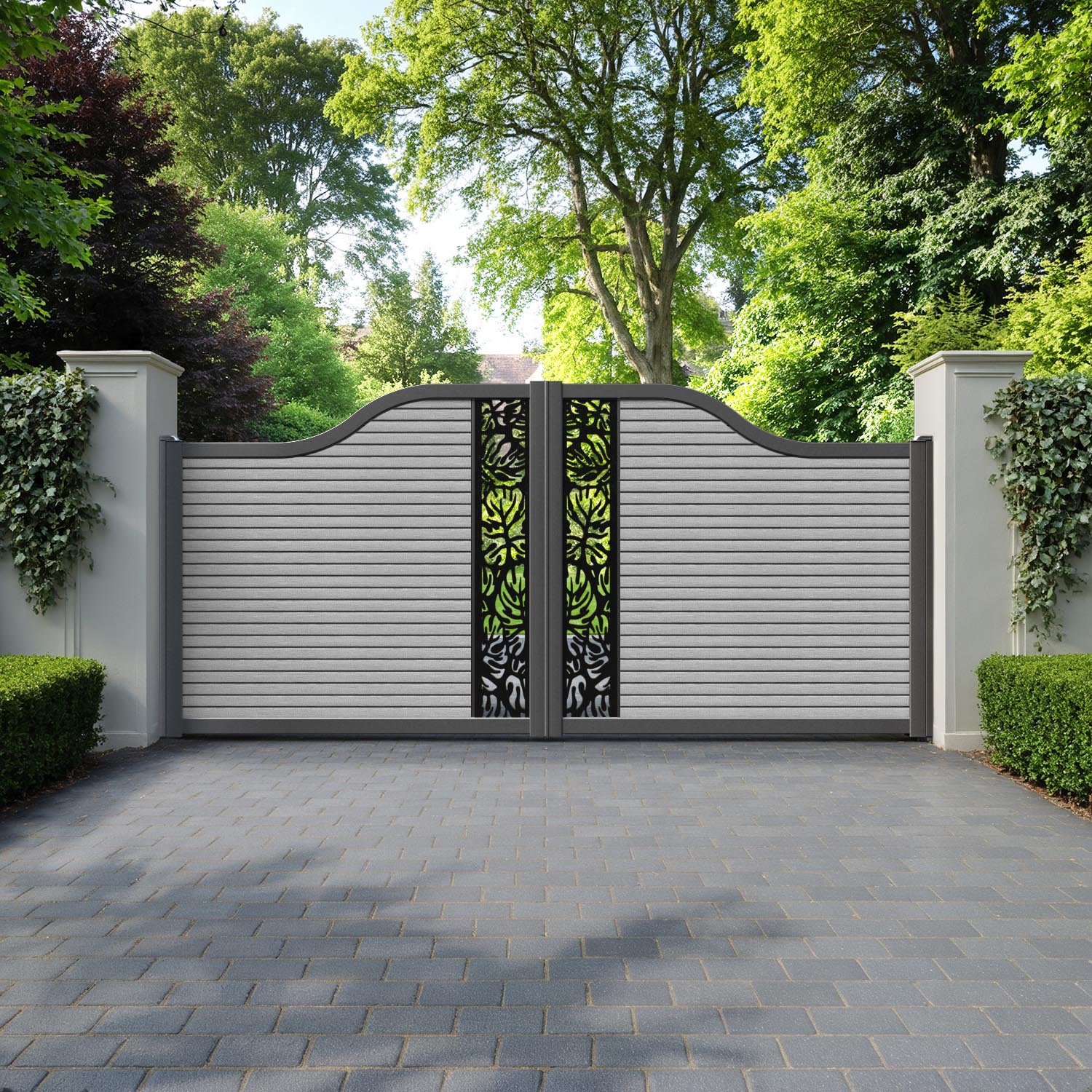 Hudson Botanic Curved Top Driveway Gate - Light Grey - Middle Screen