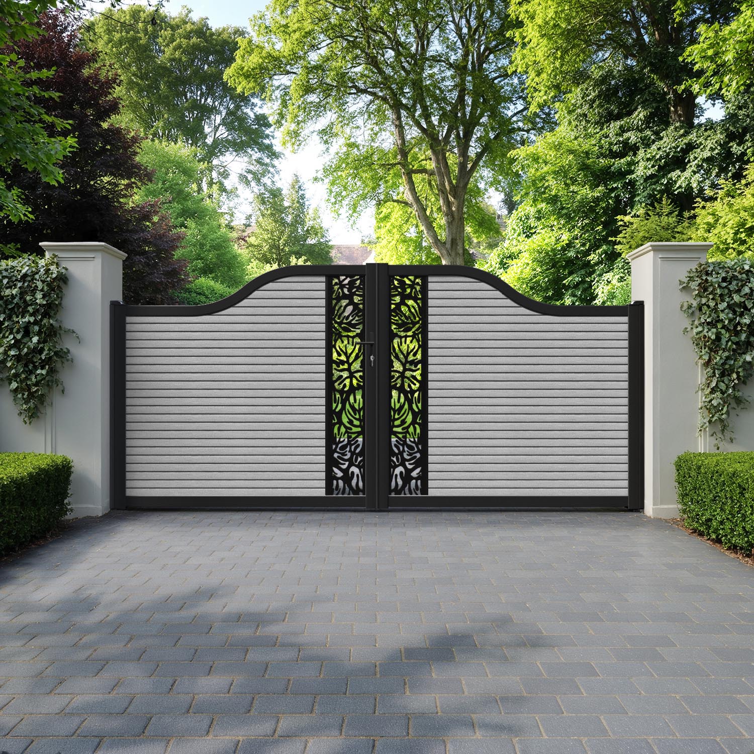 Hudson Botanic Curved Top Driveway Gate - Light Grey - Middle Screen